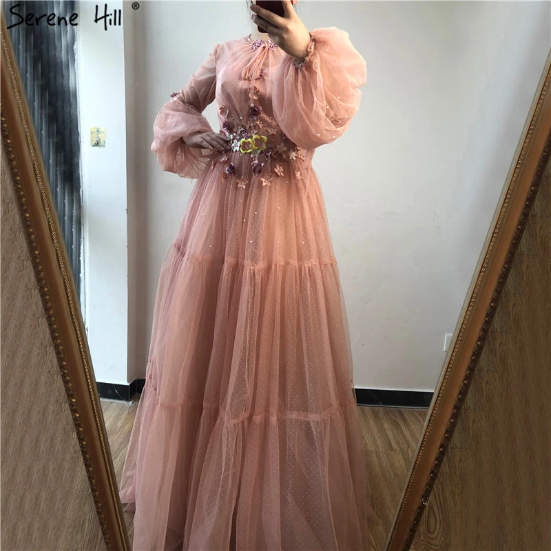 Винтаж Дубай дизайн с длинным рукавом пикантные вечерние платья 2019 бриллиантовые цветы Румяна розовые вечерние платья халат De Soiree BLA60763