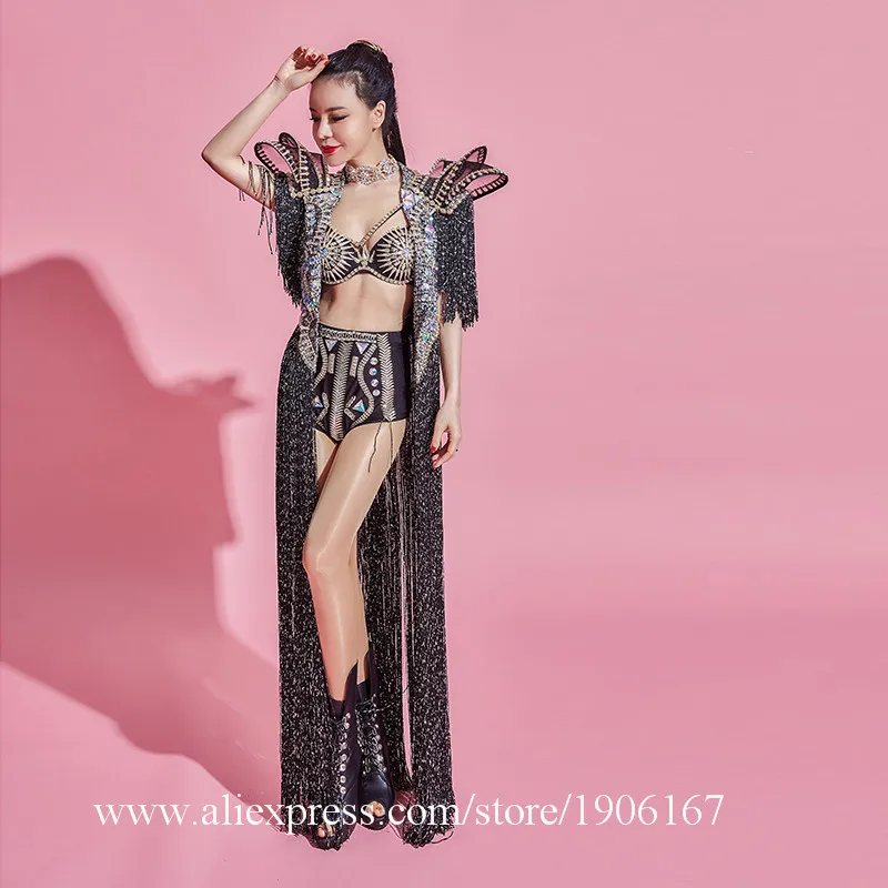 Bar nightclub night singer DJ sexy mysterious black long tassel stage costumes9