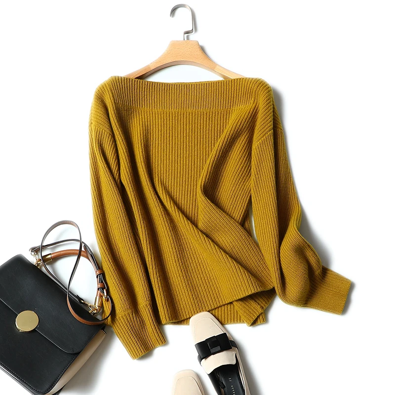 

100% Cashmere Sweater Women Simple Design Slash Neck Drop-shoulder Long Sleeves 3 Colors Ladies Pullovers Knitwear 2018 Fashion