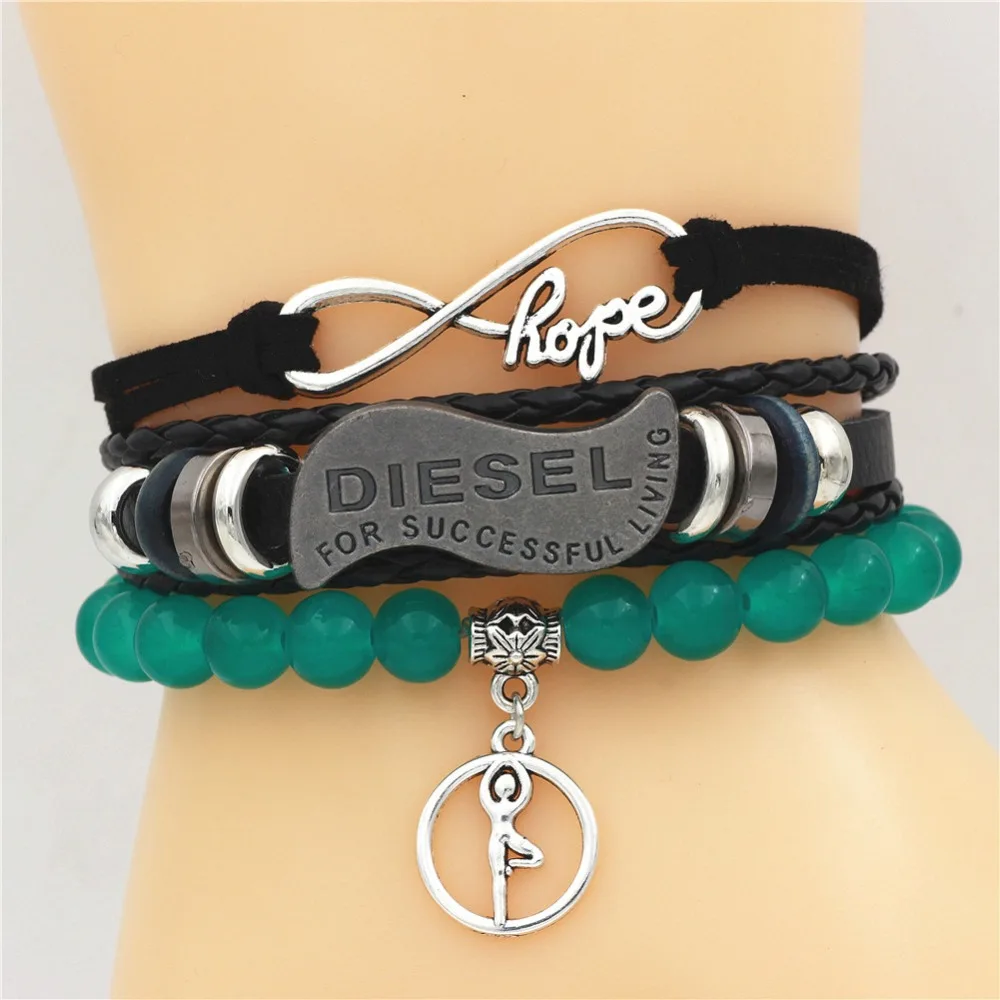 

3PC/SET Multilayer DIESEL Bracelet Men Casual Fashion Braided Leather Bracelets For Women Wood Bead Bracelet Punk Rock