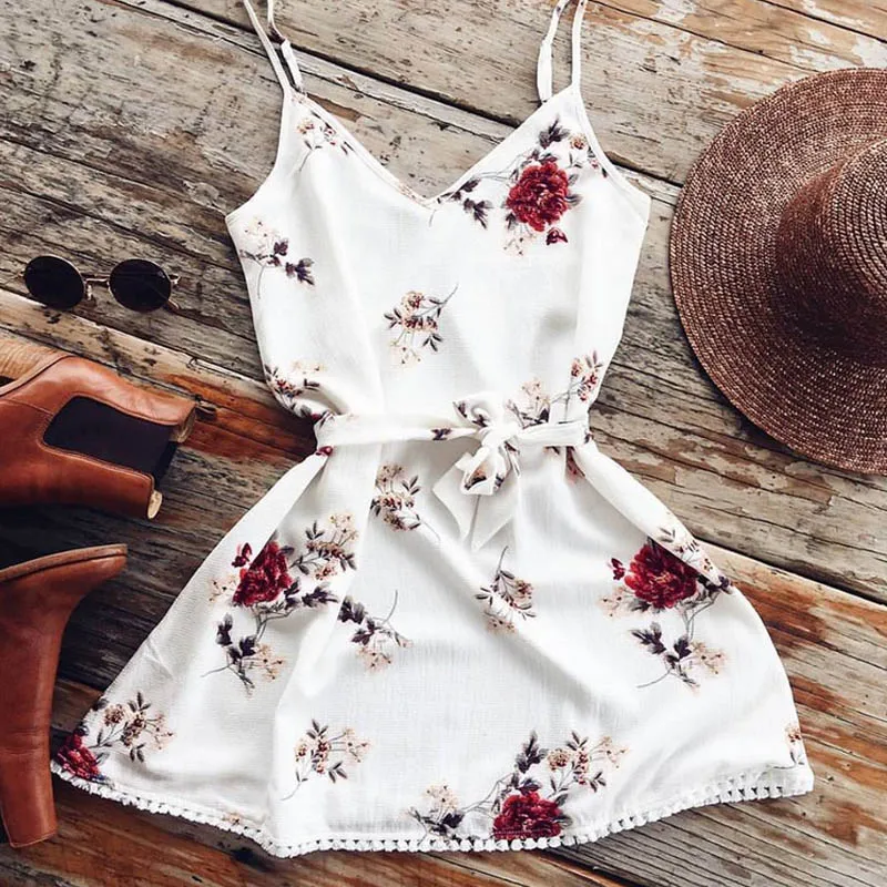 Летние Цветочный принт шифоновые платья Boho Спагетти ремень женское платье с v
