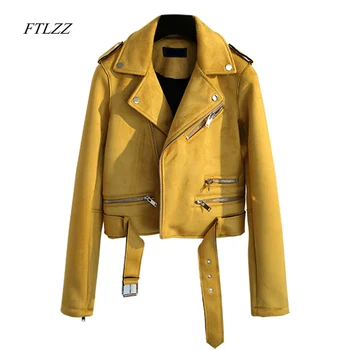 

Ftlzz Spring Autumn Women Faux Suede Leather Jacket Vintage Short Black Soft Motorcycle Jackets Fashion Basic Coats Female