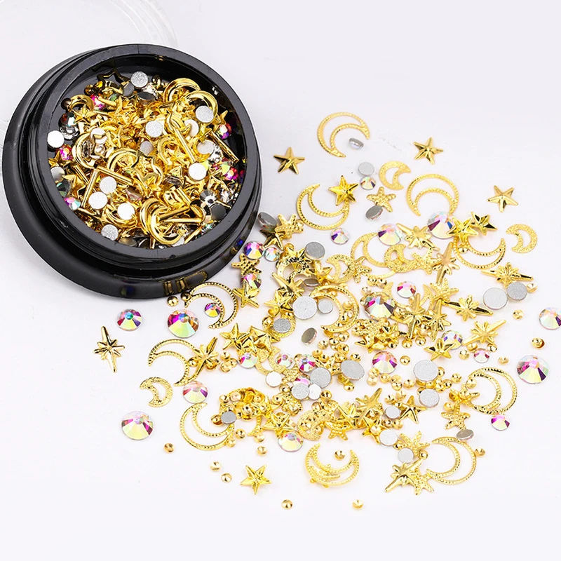 

3D Nail Rhinestones Mixed Size Gold Metal Star Moon Shape AB Colors Flat Bottom Rivet Studs Glitter Nail Art Design Decoration