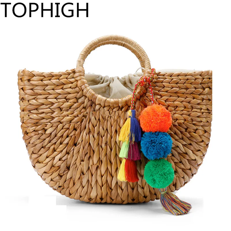 2017 Corn Stem Woven Bag Female Summer Beach Straw bag decorated with
