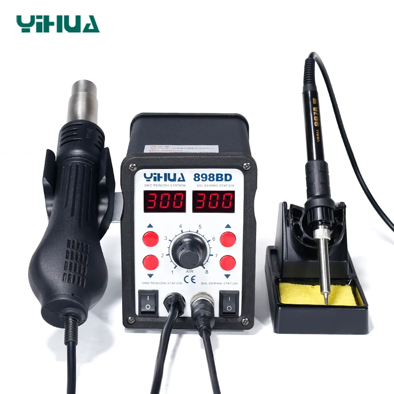 

Free Shipping YIHUA 898BD Stable Temperature Control Heat Gun Air Soldering Station And Iron For Phone Repair