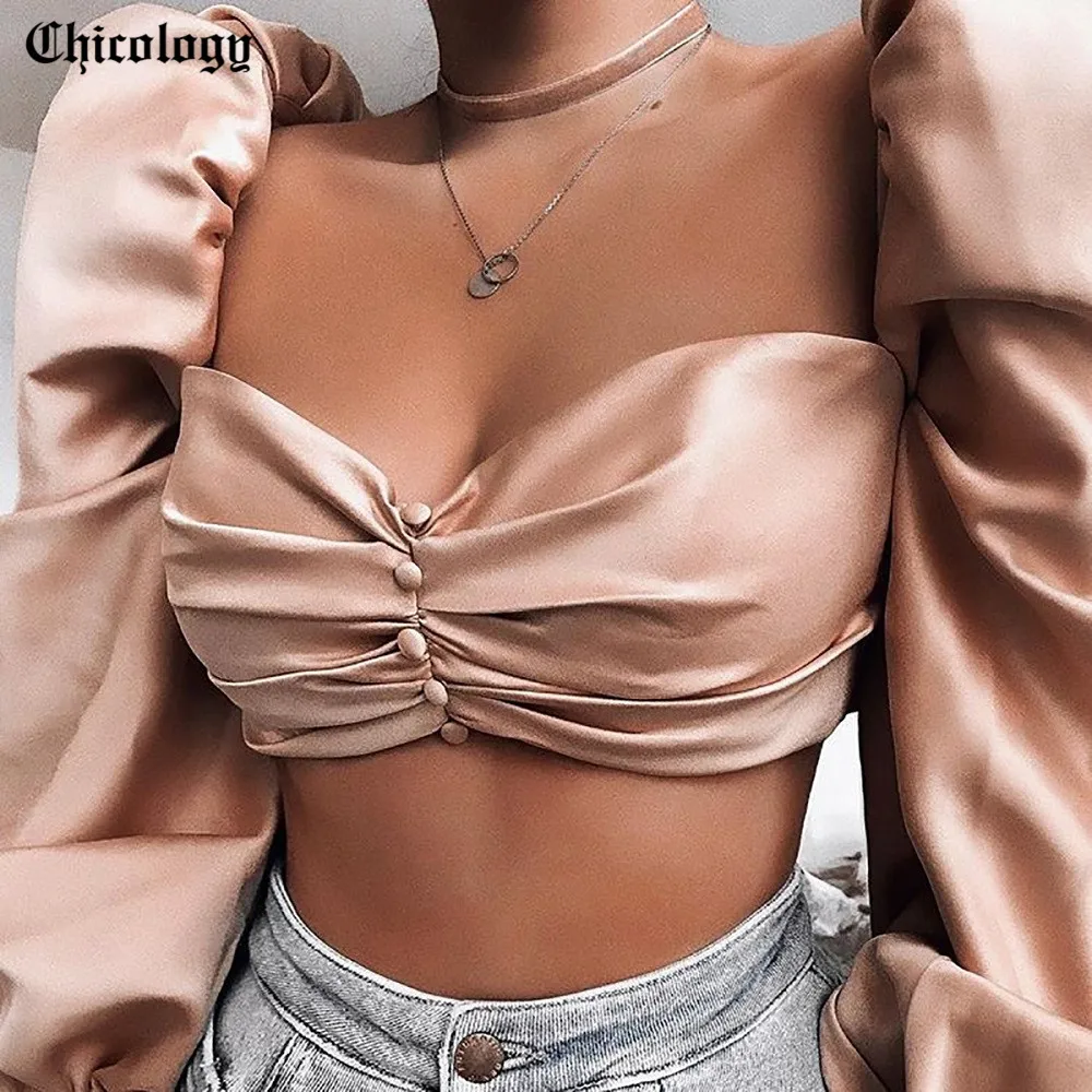 

Chicology boob tube top front button long sleeve crop top blouse 2019 summer autumn women sexy shirt