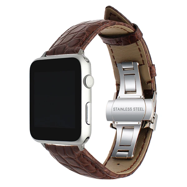 Ремешок для часов из натуральной крокодиловой кожи для iWatch Apple Watch 38 мм 42 мм, ремешок Croco, стальной ремешок с бабочкой и пряжкой, браслет на запястье