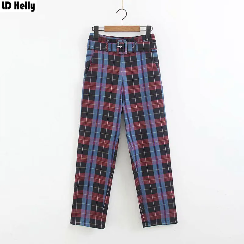 LD Helly Fashion 2019 Women Plaid Straigh Pants Female Zipper Pockets Sashes Design Cozy Street Wear Casual Trousers Pantalones
