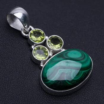 

Natural Malachite and Peridot Punk Style 925 Sterling Silver Pendant 2" P0164