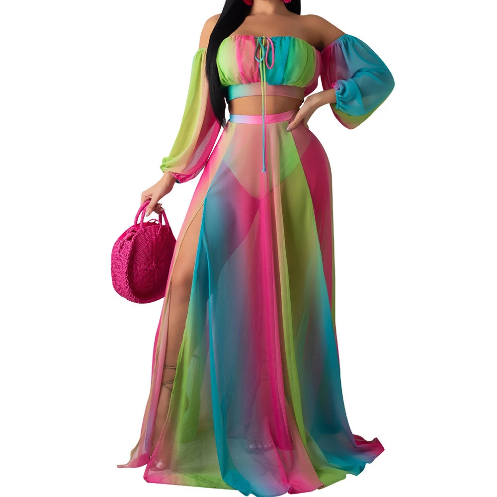 

Summer Boho Beach Loose Dress Elelgant Two Pieces Sets Long Sleeve High Split Sheer Chiffon Dress Women Casual Club Sundress