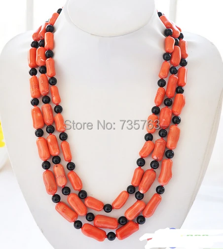 

xiuli 0014626 3row 20mm pink cylinder coral black agate bead necklace
