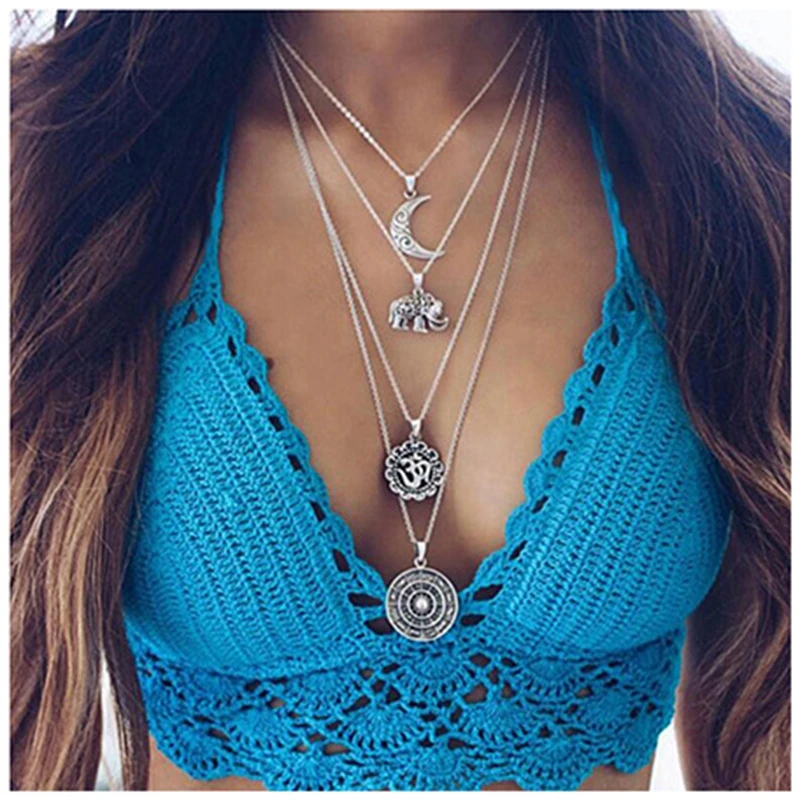 

Retro Gothic Elephant Moon Multi-layer Necklace Choker Trend Explosion Black Silver Ladies Pendantjewelry Accessories Collier