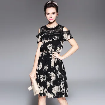 

New2017Summer style Ladies Floral Dress Plus Size Female off the shoulder waist drawstring elegant casual vestidos L-XXXXXL 5712