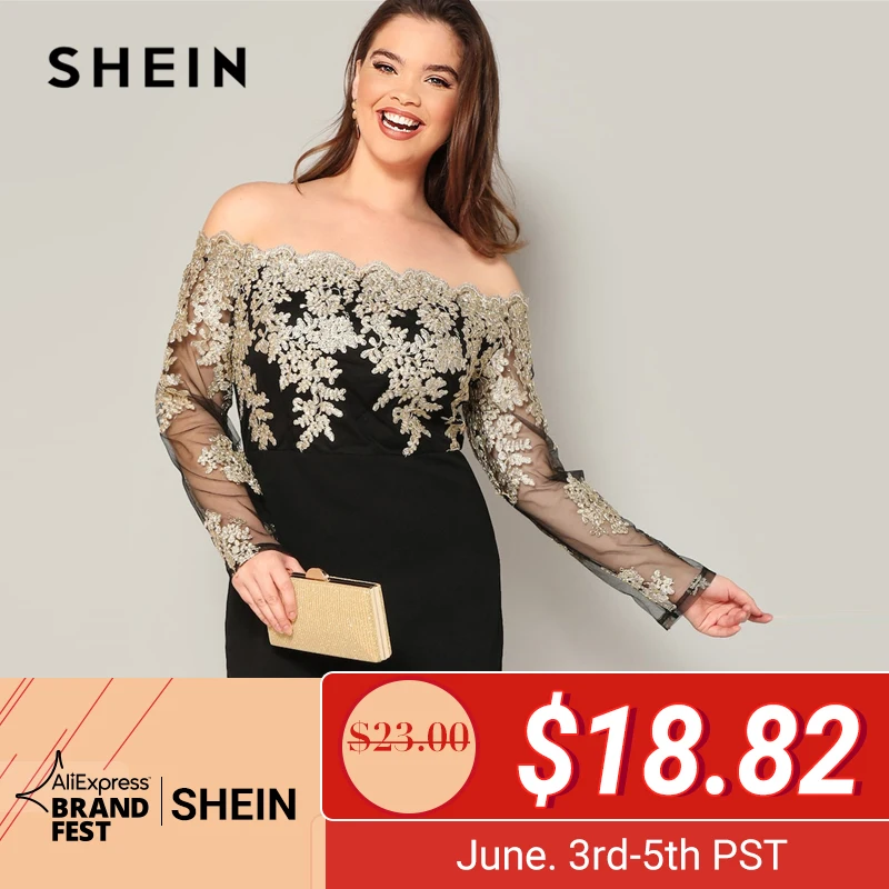 

SHEIN Glamorous Plus Size Black Embroidered Contrast Mesh Bodice Pencil Sheath Dress Women Spring Off the Shoulder Dress