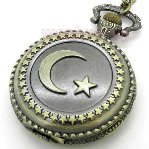 Античная бронза Турецкий флаг дизайн луна и звезды тема кварцевые карманные часы с цепи ожерелье