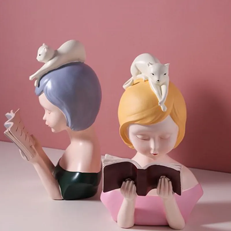  European Style Cute Read Book Girl Half-Length Portrait Resin Sculpture Craftwork Bedroom Bedside T - 4000014760475