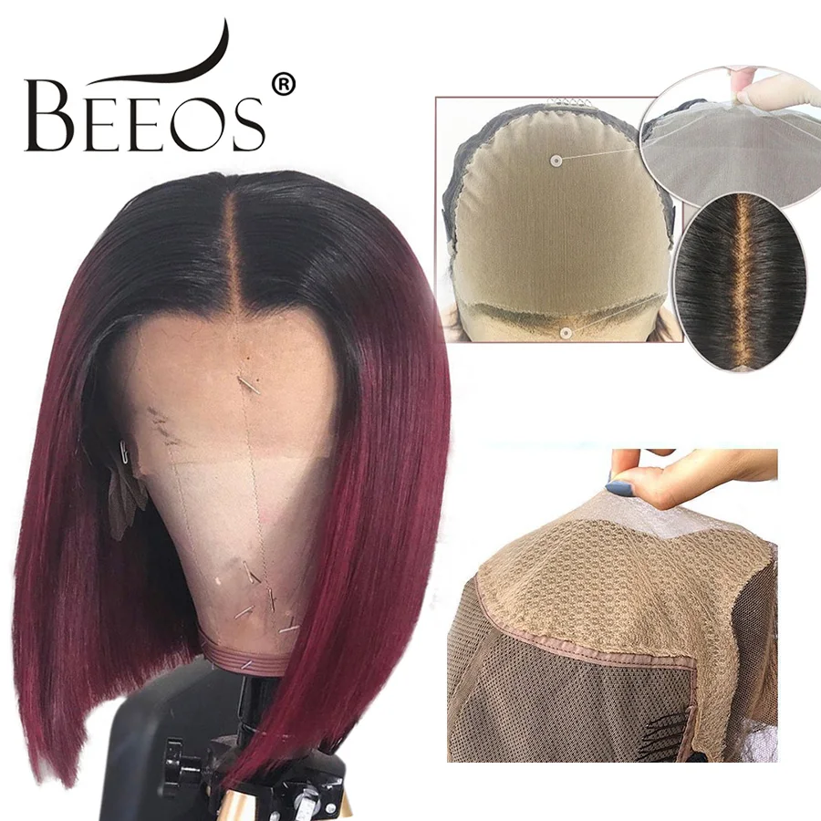 

Beeos Ombre Burgundy T1B/99J Invisible Fake Scalp Cap Lace Front Human Hair Wigs Brazilian Remy 13x6 Short Bob Wig Deep Part
