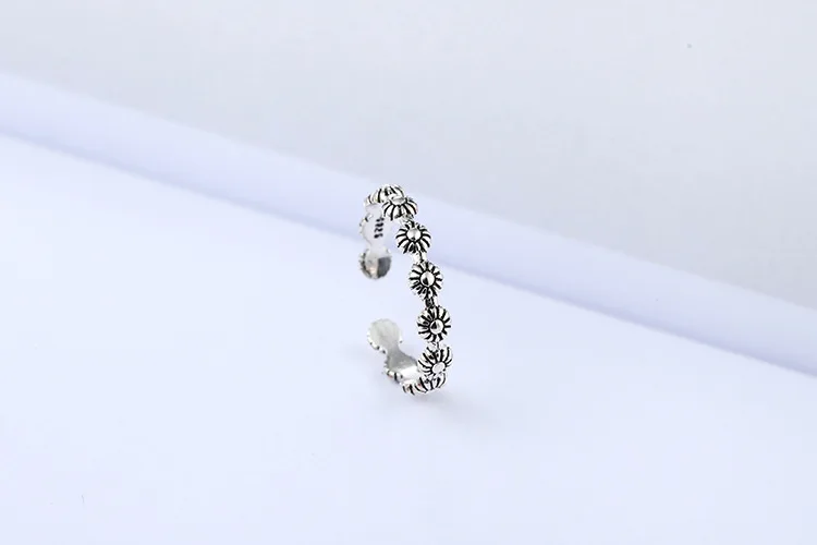 Модное ретро Настоящее 925 пробы Серебряное цветочное кольцо для женщин, свадебные ювелирные изделия в стиле панк, античное регулируемое большое кольцо на палец