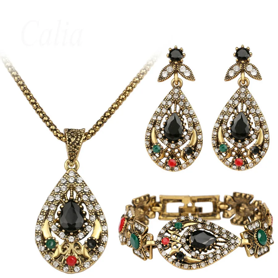 Retro Black Jewelry Sets For Women 3Pcs/sets Charm White Crystal