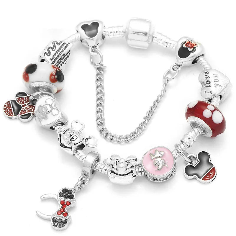 Boosbiy Dropshipping Cute Mickey Minnie Charm Bracelet For Women Kids With Silver Snake Chain Brand Bracelet Christmas Jewelry