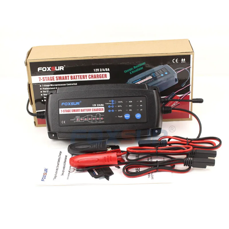 FOXSUR 12V 2A 4A 8A 7 ступенчатое умное зарядное устройство для аккумуляторов гелевый