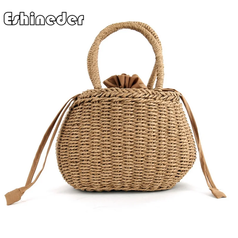 

ESHINEDER Summer Straw Bucket Basket Bag Women Ins Hot Drawstring Tote Lady Handbag Small Sweet Korean Knitted Beach Bag