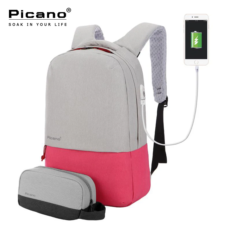 Picano Women 2 PCS/Set Backbag Pink Nylon Waterproof Laptop Backpack Female School bag For Girl ...