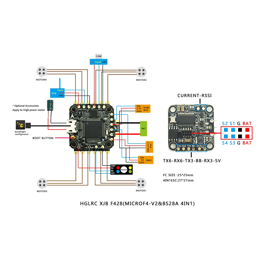 XJB F428-TX20.V2 F4 Flight Controller OSD 4in1 28A Blheli_S ESC 5.8G FPV Transmitter for RC Quadcopter Racing Drone Multicopter  (11)