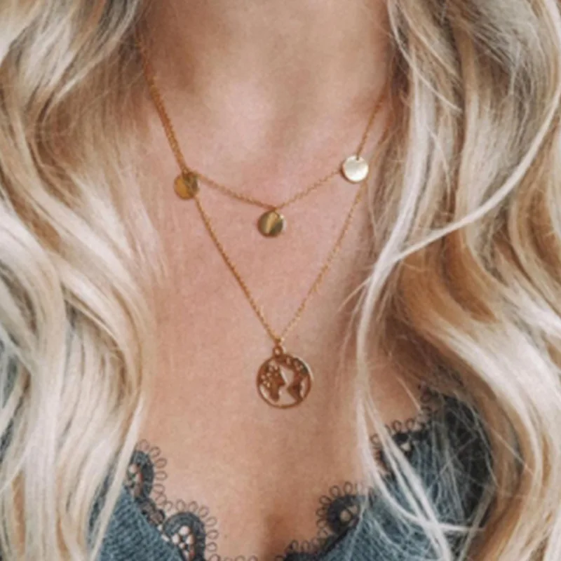 

Punk Fashion Popular New Necklace Temperament Personality Street Shooting Round World Map Double Woman Necklace Wholesale