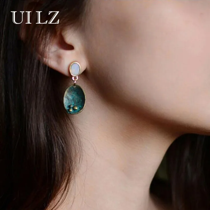 

UILZ Vintage Drop Dangle Opal Earrings For Women Crystal Antique Geometric Pendant Wedding Christmas Gift UE09