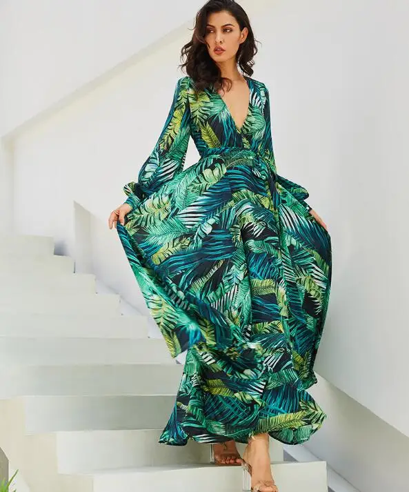 

new Long Sleeve Dress Green Tropical Beach Vintage Maxi Dresses Boho Casual V Neck Belt Lace Up Tunic Draped Plus Size Dress
