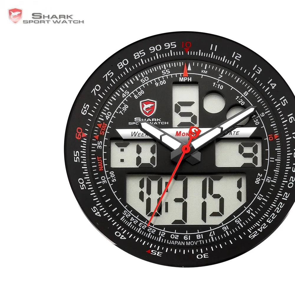 Luxury Winghead SHARK Sport Watch Men Black Dual Time Date Alarm Steel Band Relogio Masculino LCD Quartz Digital Watches /SH325N