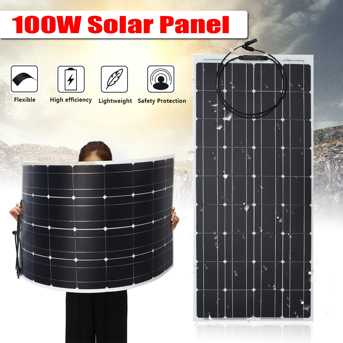 

100W 18V Semi Flexible Solar Panel Off Grid Mono Silicon Waterproof For Home RV Boat 23.5% Efficiency Super Thin Design Safety