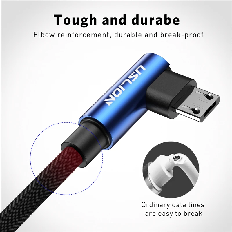 USLION 90 درجة مايكرو كابل usb لسامسونج Xiaomi هواوي 2A سريع شاحن الروبوت كابل الهاتف المحمول كابل للأندرويد جهاز