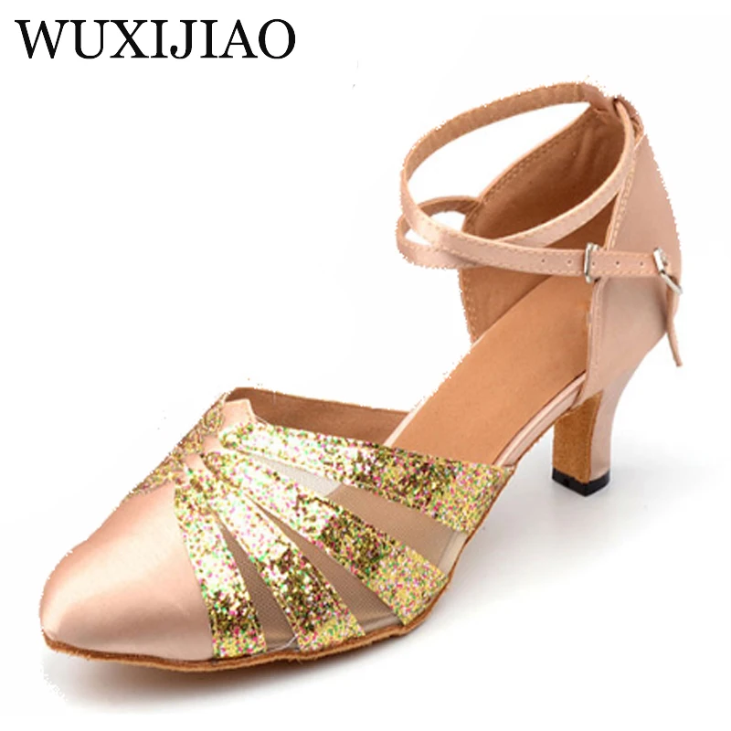 

WUXIJIAO New Satin and Flash Cloth Ballroom Party Dance Shoes Red/Skin Latin Dance Shoes Woman Salsa Heel 7.5cm