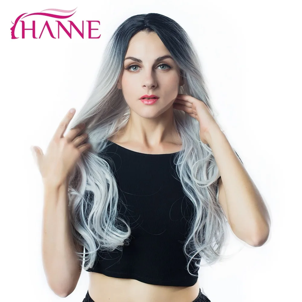 

HANNE Long Wavy Ombre Black To Light Grey Synthetic Wig Heat Resistant Wig For Black/White Women