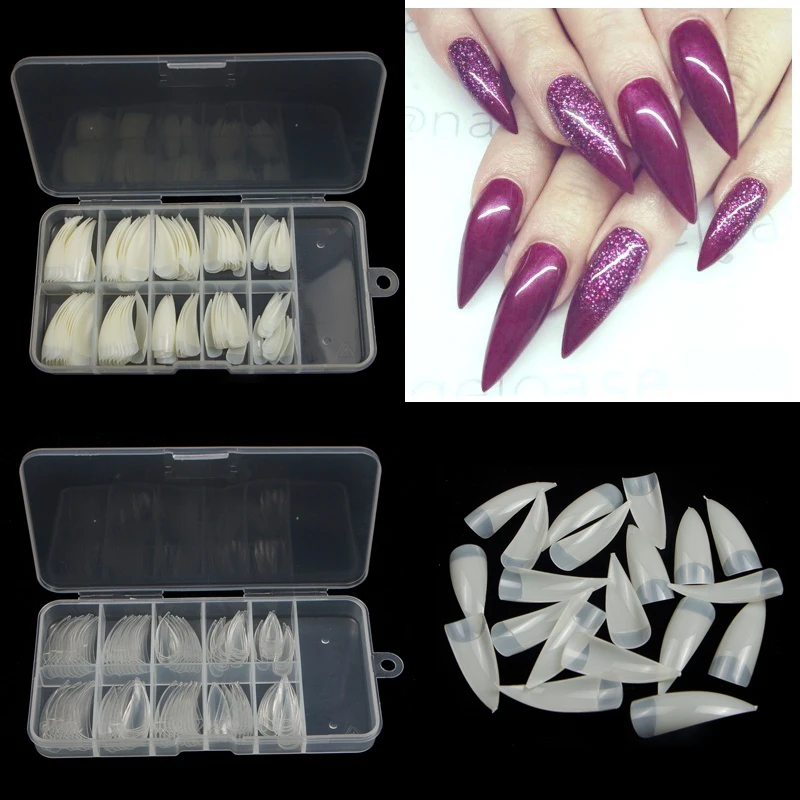 

TKGOES 100pcs+Box Professional Fake Nails Long Stiletto Nails Half Cover French Acrylic Nail Tips Sharp Ending False Nails Tips