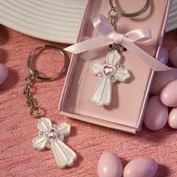

10 pcs/lot fashion Party Wedding crystal Communion Favors cross Key Chain Keychain pink blessing time