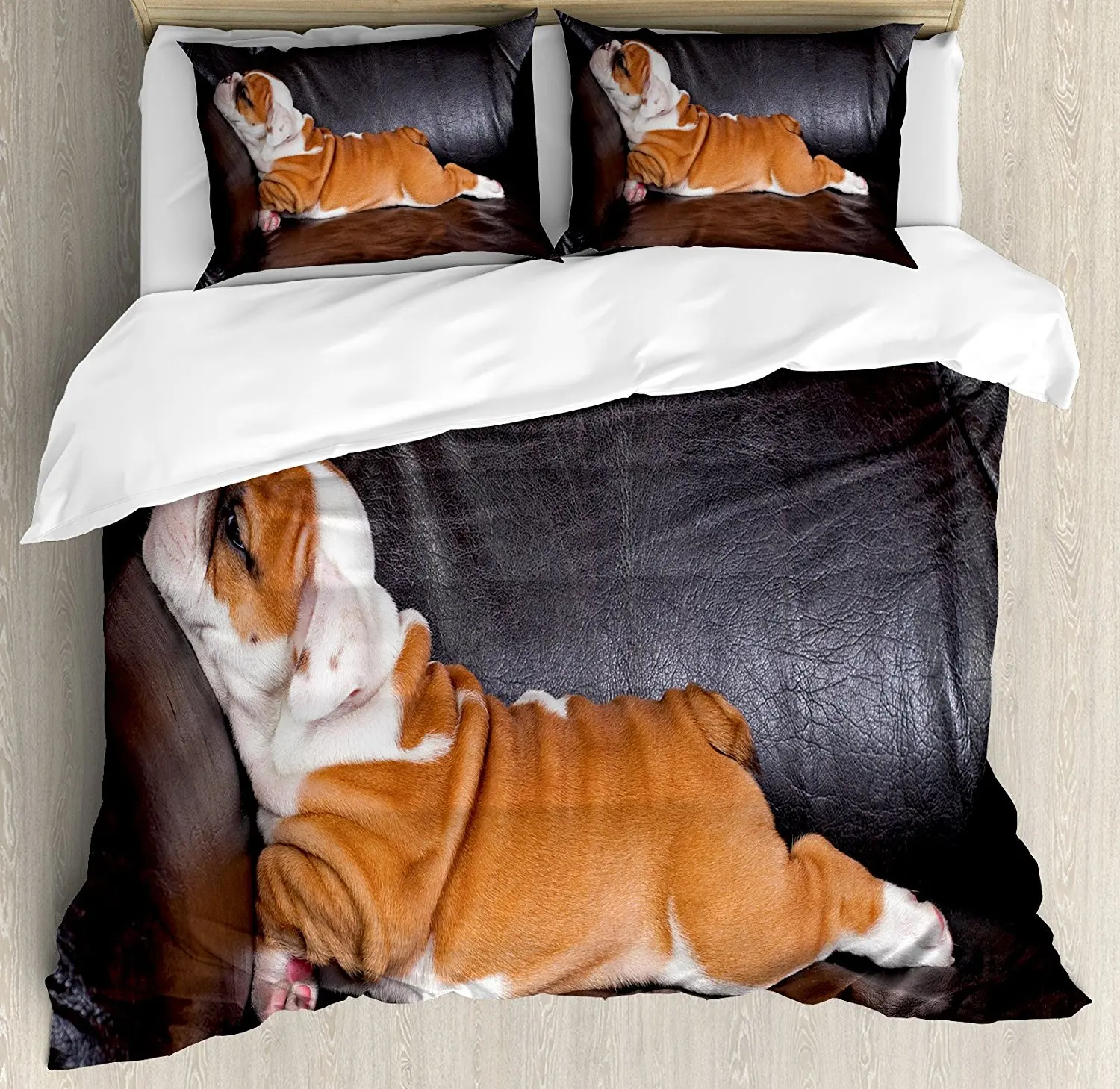 English Bulldog Size Duvet Cover Set Puppy Resting on a Sofa Funny