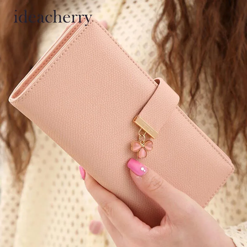 

IdeaCherry New Women's Purse PU Leather Buckle Long Wallet Clutch Cute Button Wallet Bag Sakura Flower Pendant Card Holder