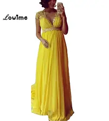 Желтый Линия Аппликация бисером платья выпускного вечера с v-образным вырезом Формальное вечернее платье для беременных Для женщин шифон