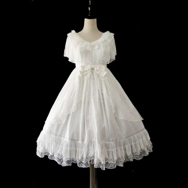 

Obsidian ~ Gothic Short Cap Sleeve Lace Dress Sweet Ruffled Lolita Dress by Infanta