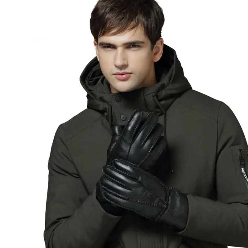 New Men Fur Gloves Male Winter Warm Sheep Leather Gloves Lovers Women's Outdoor Thick Manual Gloves Mittens Men Waterproof - Цвет: Men Black