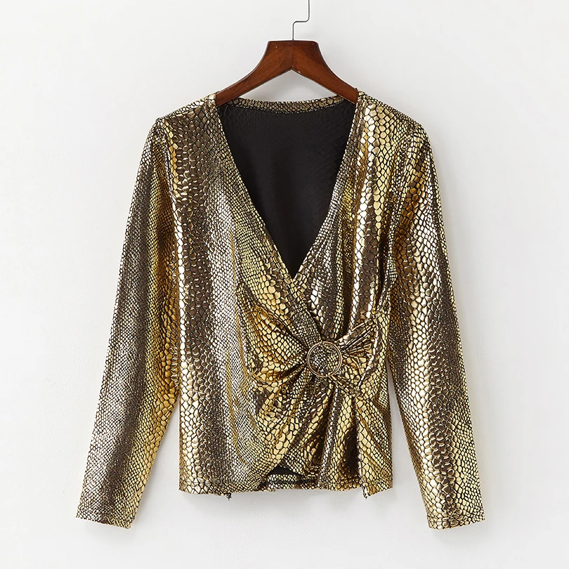 

Spring New Harajuku Snake Skin Long Sleeve Women's T-shirt Shiny Gold Silver Fashion Deep V-neck Sexy Tshirt Women Casual Shirt