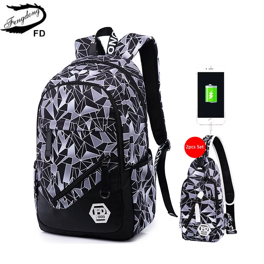 

FengDong women USB Backpack travel bags female small sling chest bag set external charging notebook bag girls school backpack