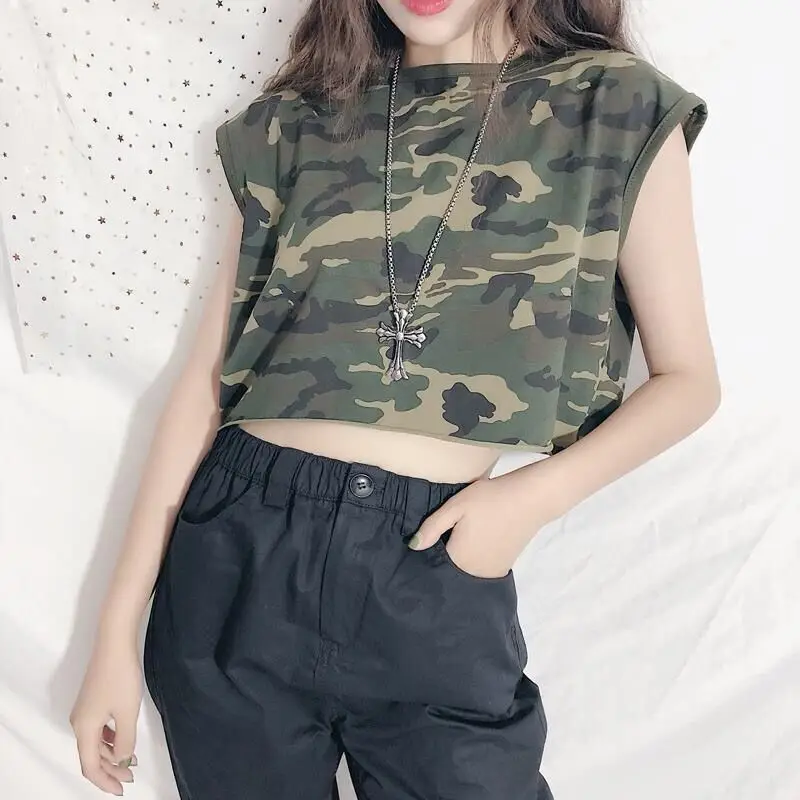 

19ss New Women Camouflage Short Tank Tops Off-shoulder o neck Streetwear Punk Style Cold Sexy Top Woman Clothes S-2XL
