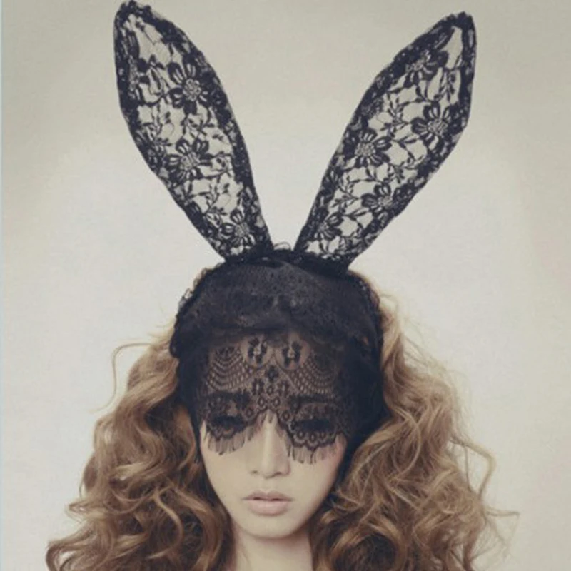 

Fashion Cute Lace Rebbit Ears Veil Cat Ear Headband Lace Mask Holiday Party Dance Hair Accessories Women Hairband Halloween