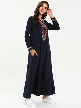 

2019 Women Spring Autumn Dress O Neck Big Size 4XL Navy Blue Long Sleeve Dress Vestidos largos Long Maxi Dress with Pockets