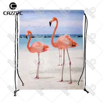 

Summer Tropical Beach Sea Flamingos Bird Print Custom individual Nylon fabric Drawstring Backpack Gift Bag Pack of 4