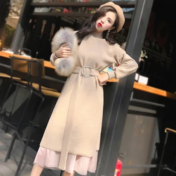 

2020 Women's Autumn New Sweater Dress Loose High Collar Solid Color Sweater Dress Long Sweater Dress Two-piece Suit LQ119